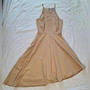 Antonio Melani Nude Embroidered Midi Dress Asymmetrical Hem 0